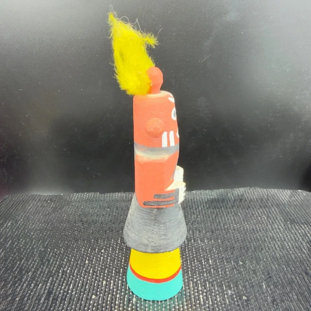 Vintage Hand Painted Wooden Mudhead Kachina Doll Yellow Feathers Folk Art Signed